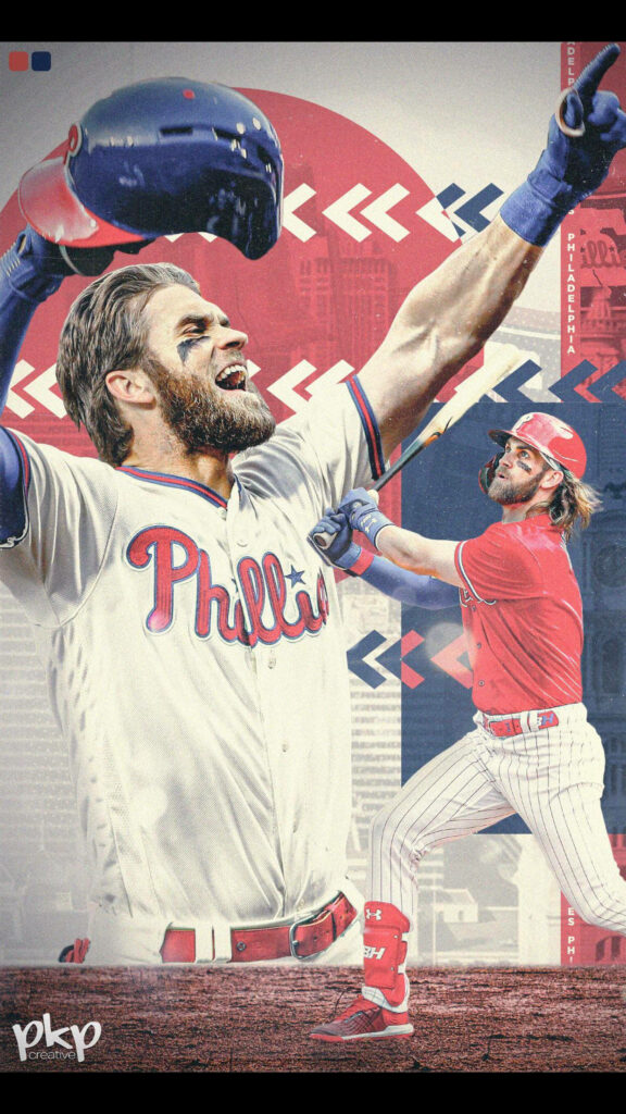 Bryce Harper Phillies wall mural with dynamic action pose in bold red white and blue tones background Wallpaper