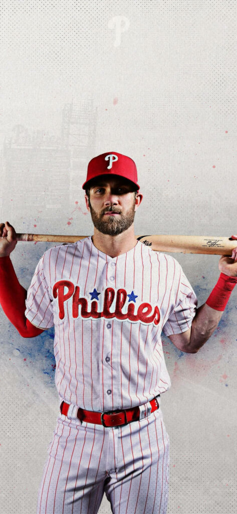Bryce Harper Phillies baseball wallpaper shows star player with bat in pinstriped uniform background