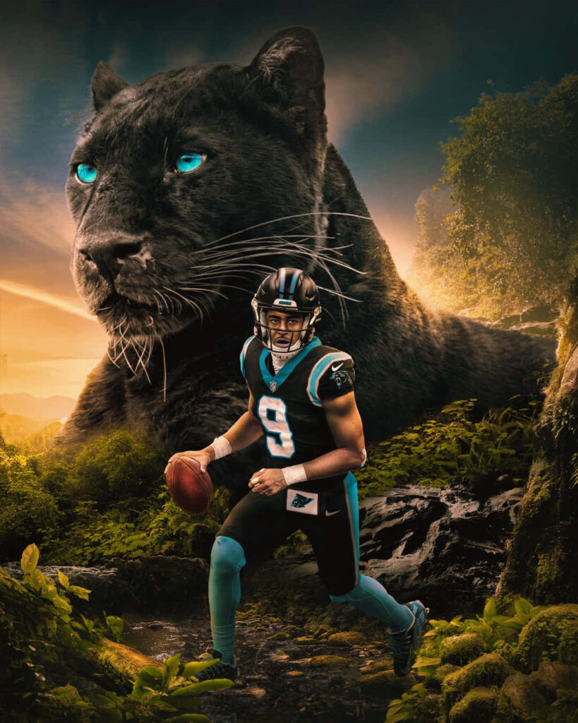Bryce Young Panthers quarterback in uniform with black panther backdrop jungle sports wallpaper background