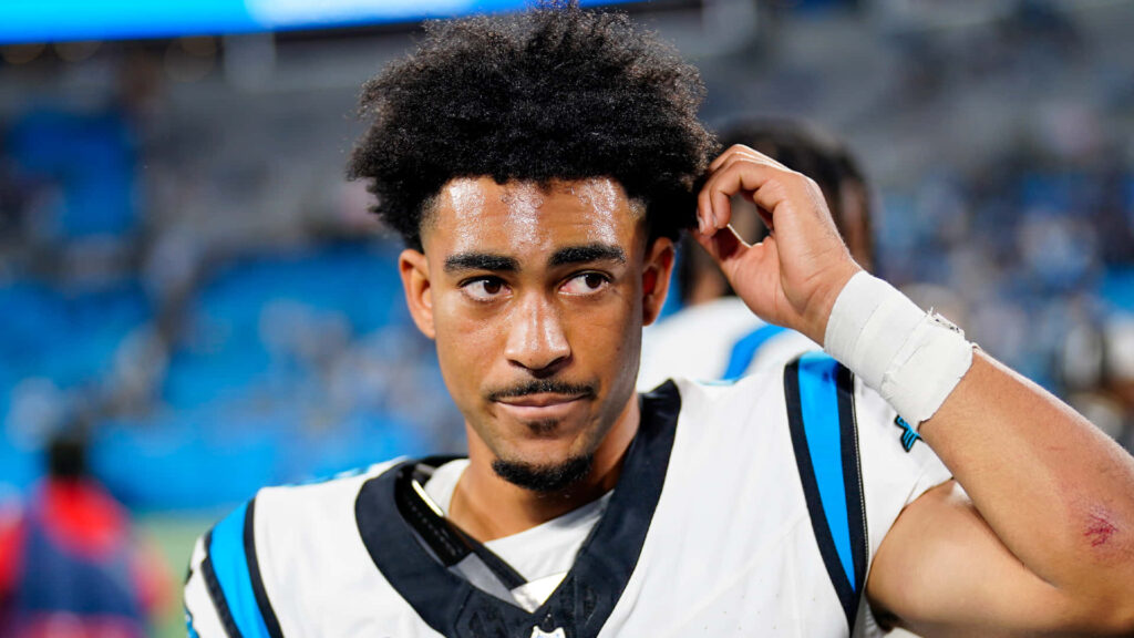 Bryce Young Panthers quarterback focused on field in Carolina Panthers uniform vibrant NFL wallpaper