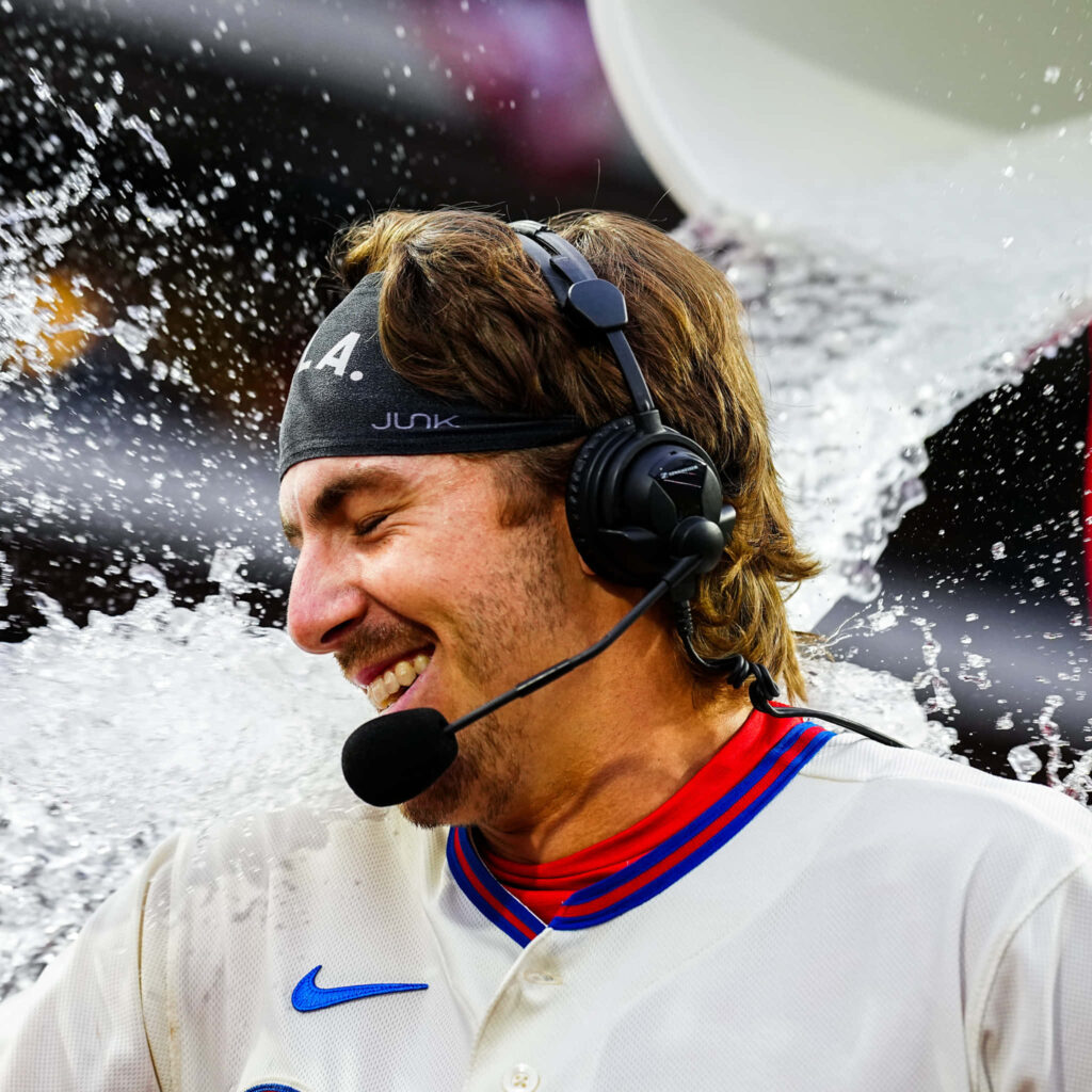 Bryson Stott Phillies water splash interview joyful celebration vibrant sports wallpaper background