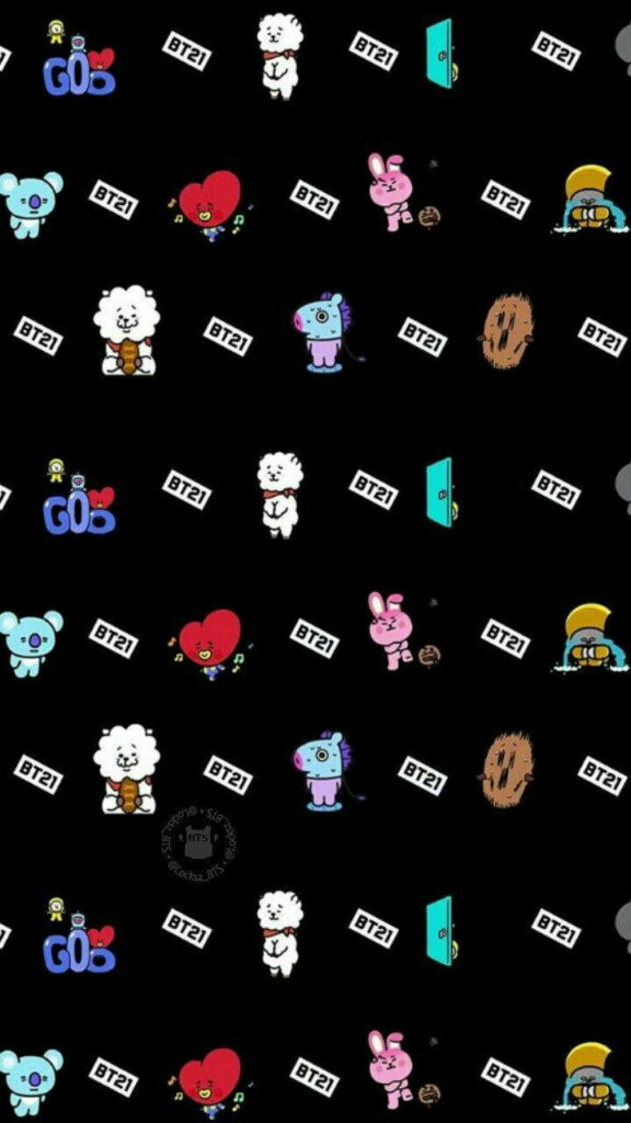Playful BT21 Crew Showcasing Adorable Personalities in a Vibrant Patterned Backdrop Wallpaper