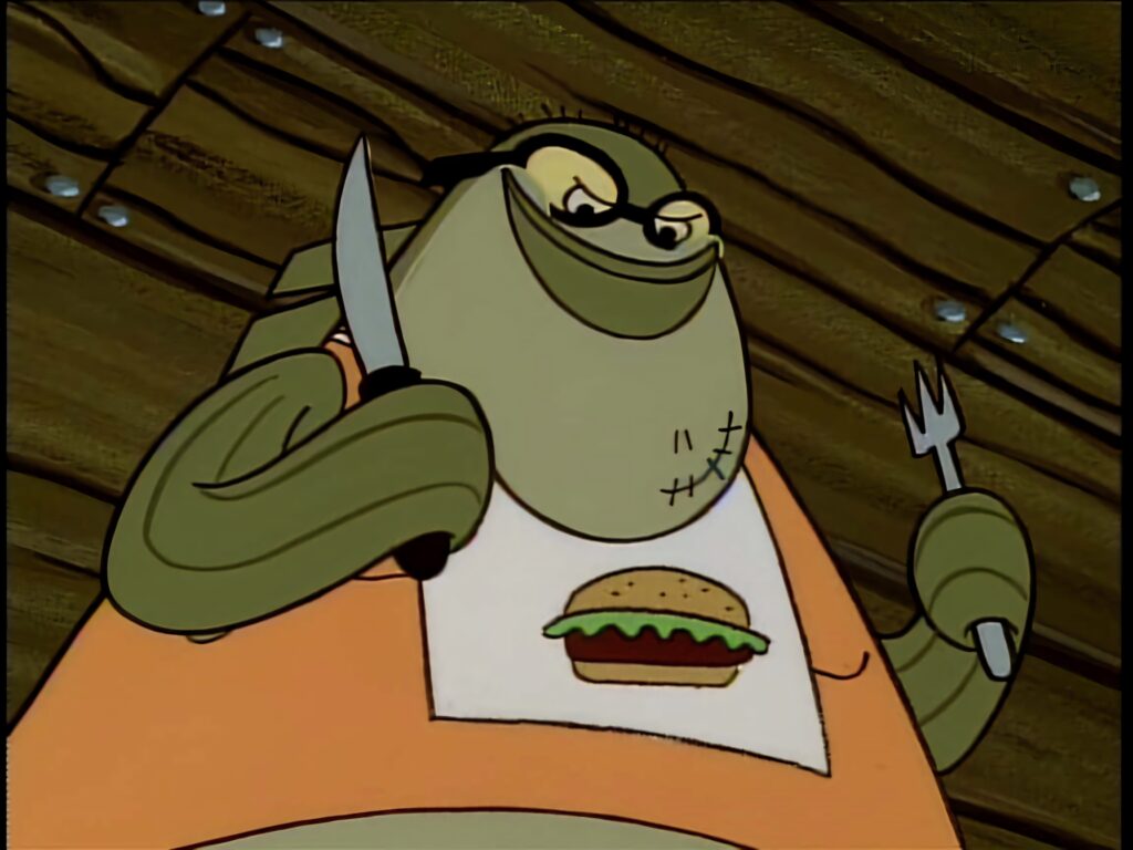 Bubble Bass close-up wallpaper from SpongeBob holding knives and fork on wooden plank background