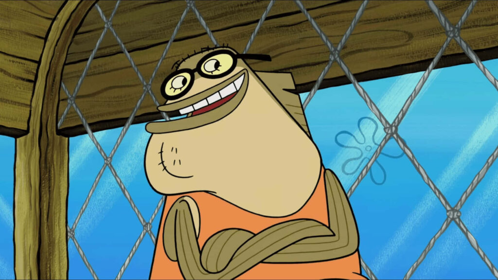 Bubble Bass close-up SpongeBob character wallpaper vibrant Orange shirt Krusty Krab background