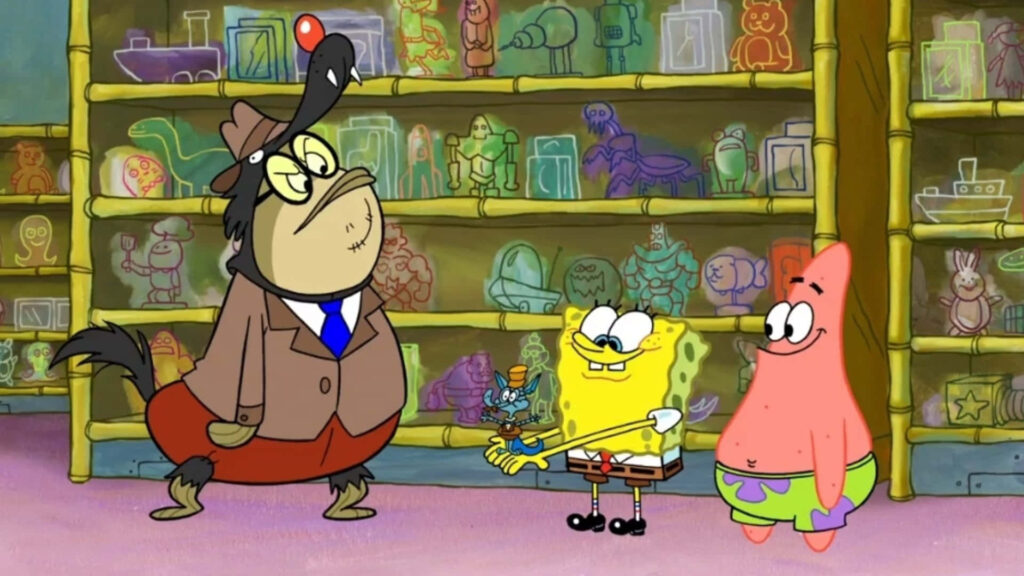 Bubble Bass confronting SpongeBob and Patrick in colorful SpongeBob SquarePants shop scene wallpaper