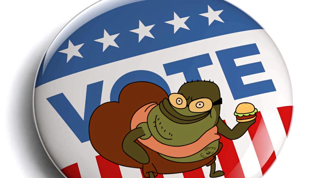 Bubble Bass from SpongeBob holding burger with patriotic Vote button cartoon election wallpaper