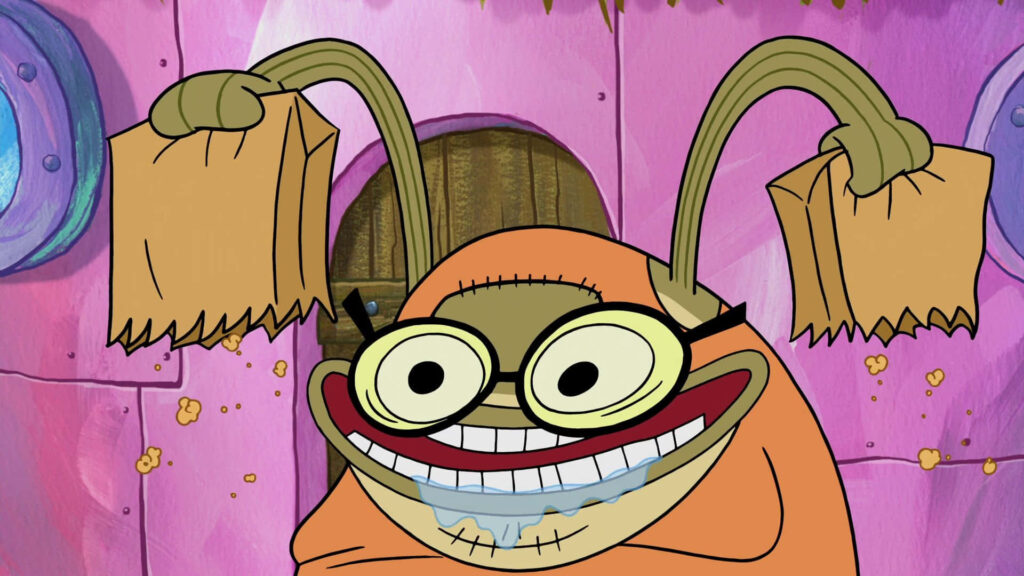Bubble Bass from SpongeBob SquarePants with sly grin oversized glasses and grocery bags wallpaper