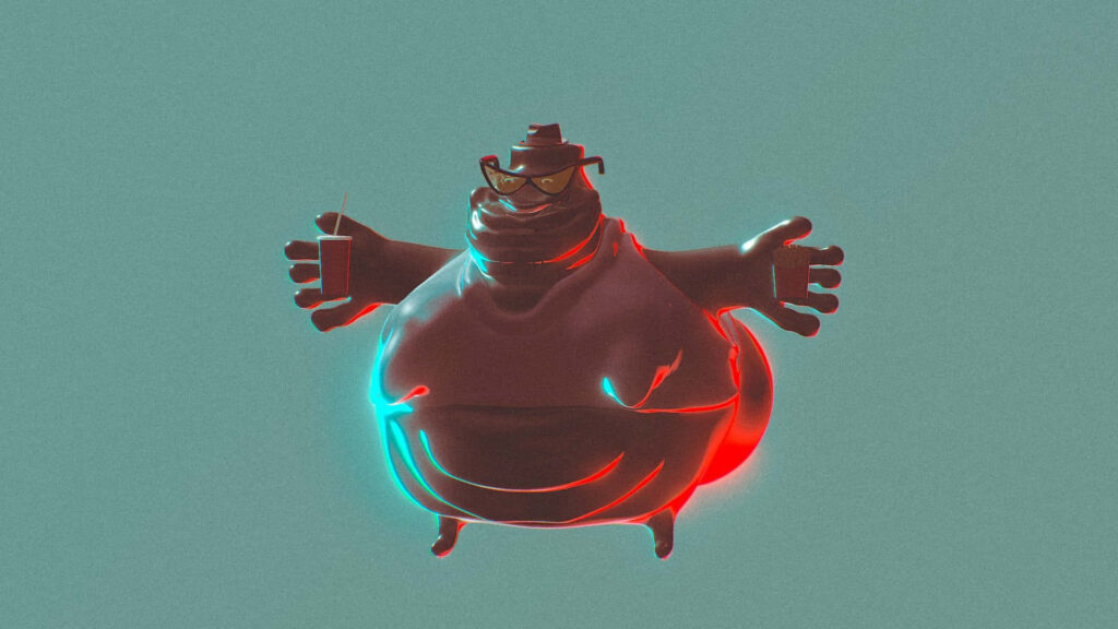 Bubble Bass digital art wallpaper SpongeBob vibrant neon red blue lighting minimalist teal background