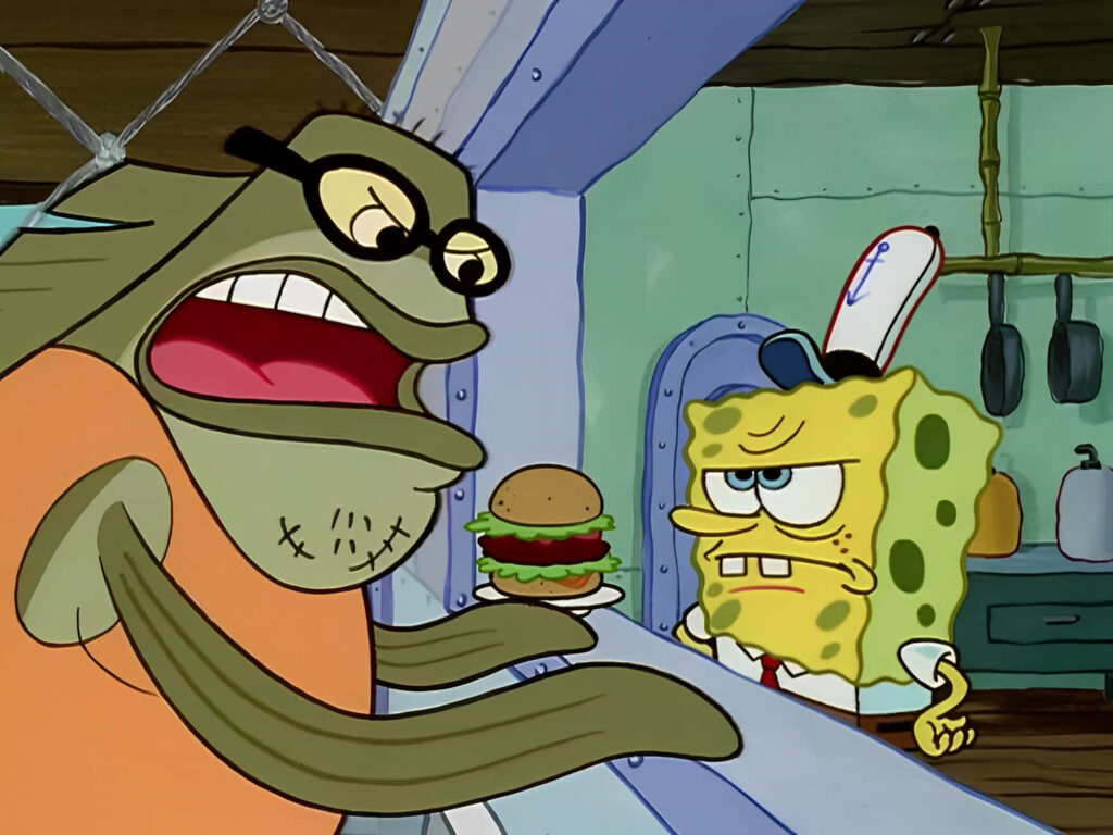 Bubble Bass ordering Krabby Patty at Krusty Krab with annoyed SpongeBob vibrant cartoon scene Wallpaper