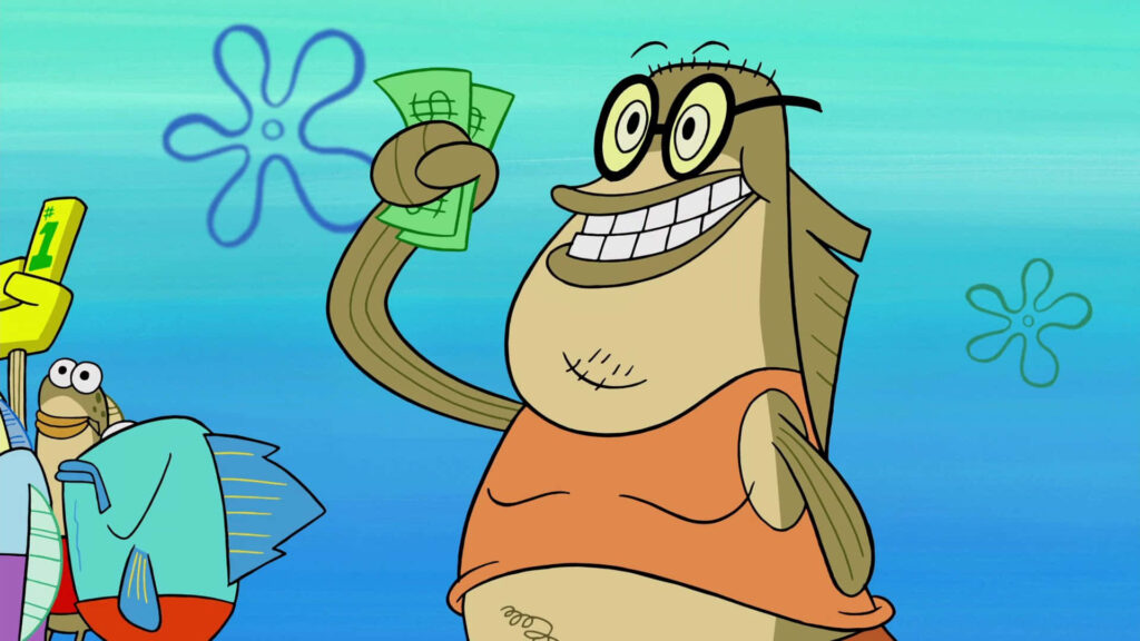 Bubble Bass from SpongeBob smiling holding money in vibrant underwater Bikini Bottom wallpaper