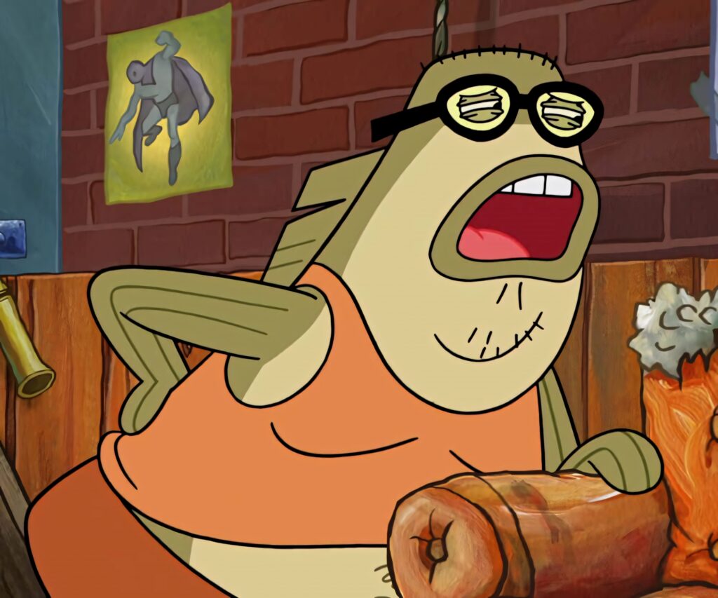 Bubble Bass smirking inside Krusty Krab with colorful SpongeBob cartoon decor wallpaper background