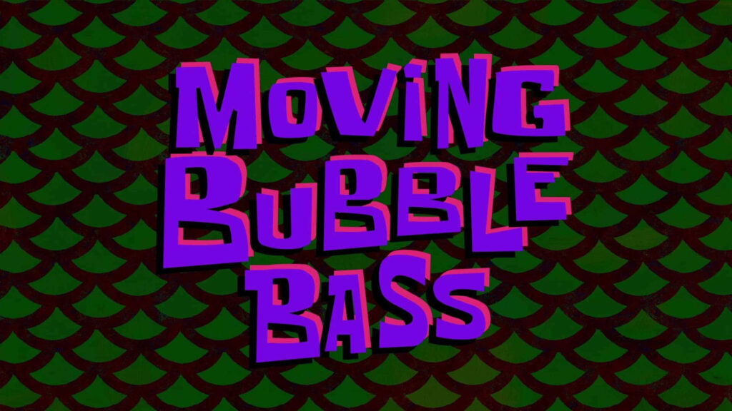 Bubble Bass SpongeBob wallpaper with purple text on green red fish scale pattern background