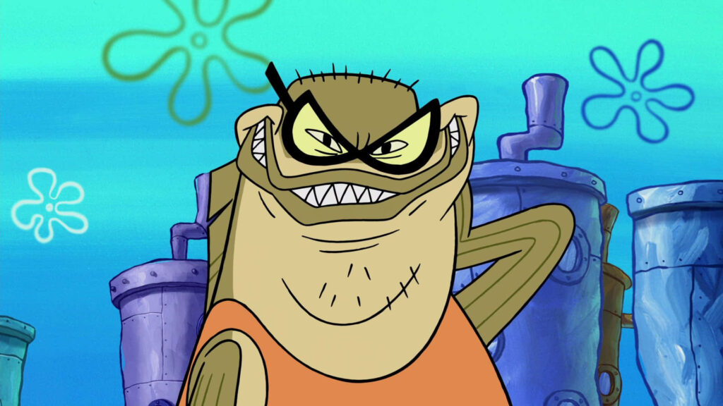 Bubble Bass from SpongeBob lounging in Bikini Bottom vibrant background classic cartoon style Wallpaper
