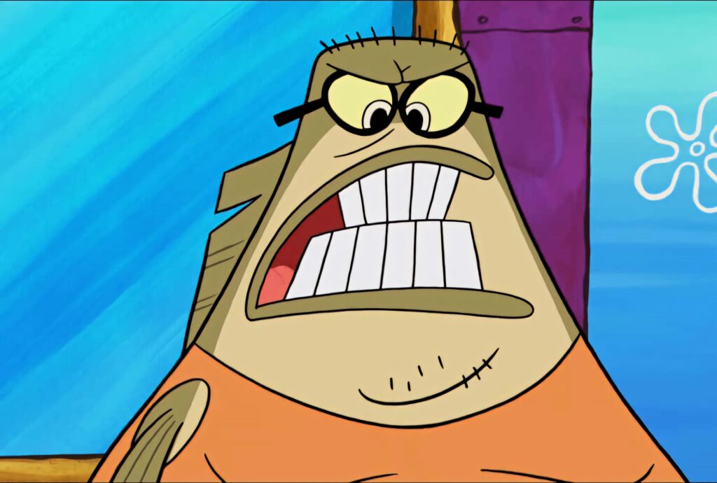 Bubble Bass from SpongeBob SquarePants with mischievous smirk on colorful Bikini Bottom background Wallpaper