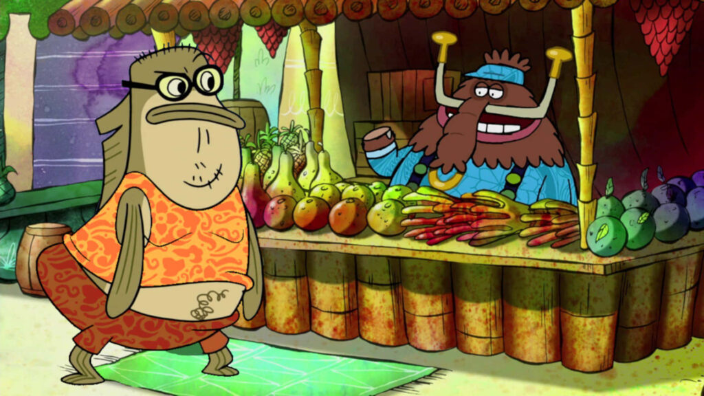 Bubble Bass and Chowder cartoon wallpaper vibrant market scene with colorful fruits and vegetables
