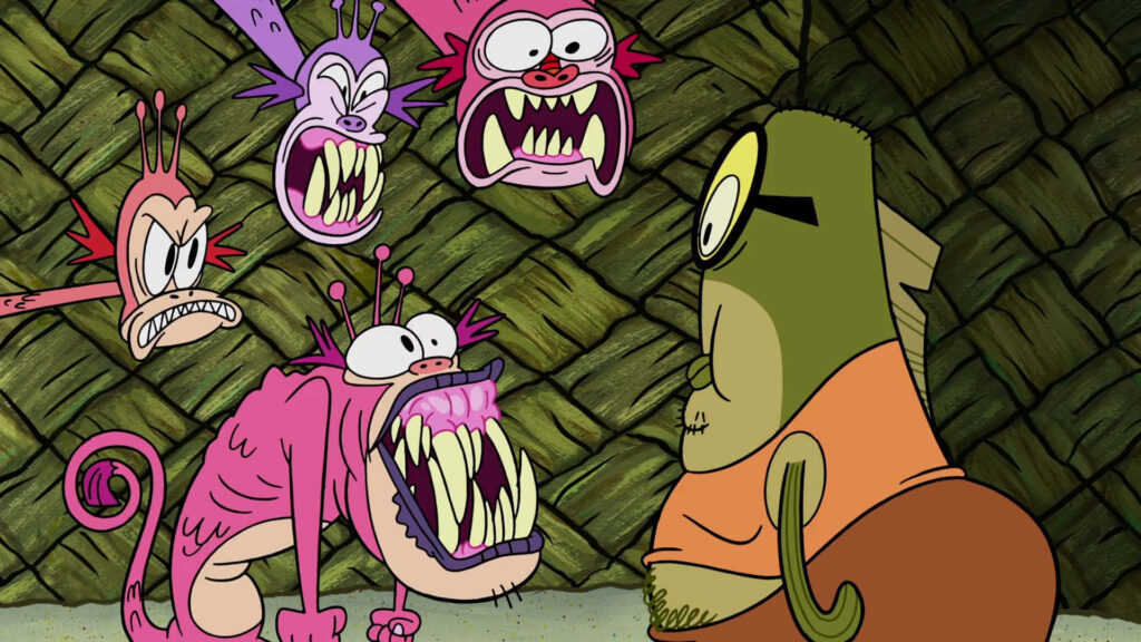 Bubble Bass from SpongeBob faces fierce multi-headed pink sea creature in vibrant Bikini Bottom wallpaper