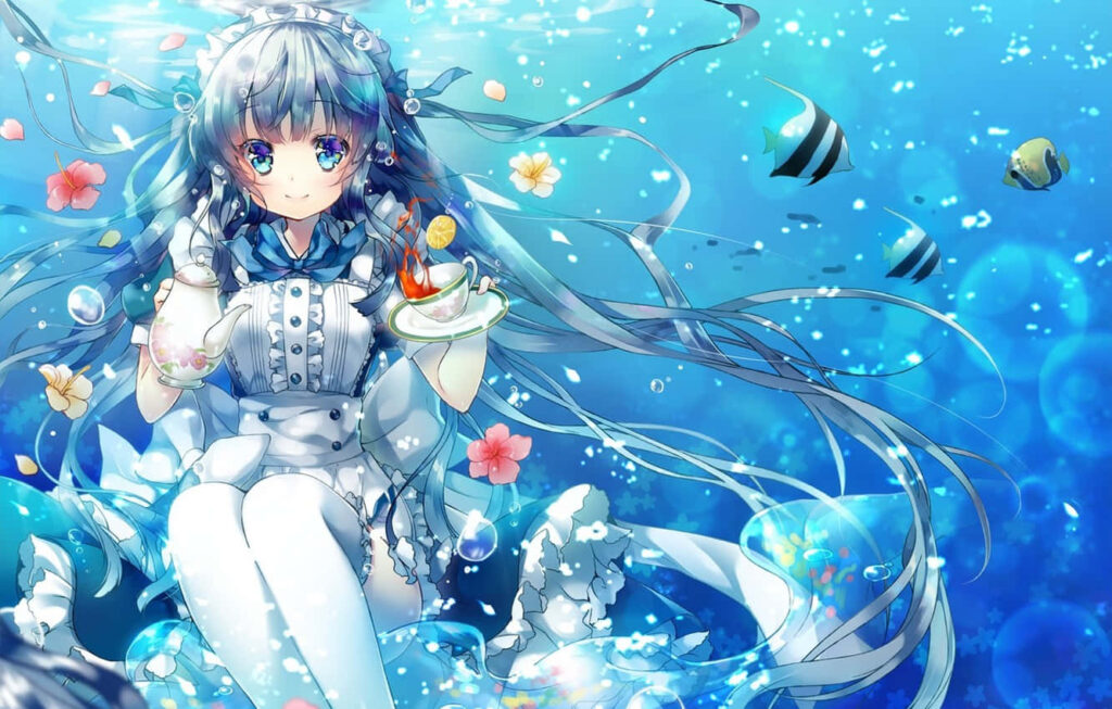 Beneath the Sparkling Seas: A Delightful Anime Scene with Fish and Bubbles Wallpaper
