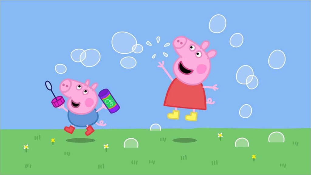 Sunlit Fun: Peppa Pig and George Delight in Bubble Playtime Wallpaper