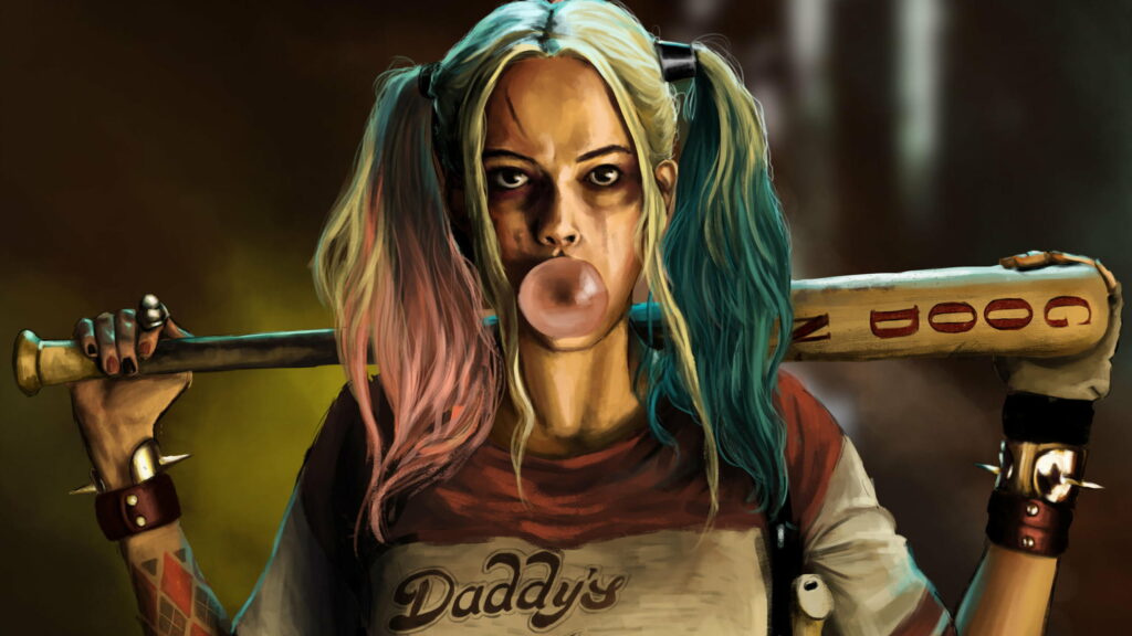 Bubblegum Queen: Harley Quinn Engages in Bubble Popping Extravaganza! Wallpaper