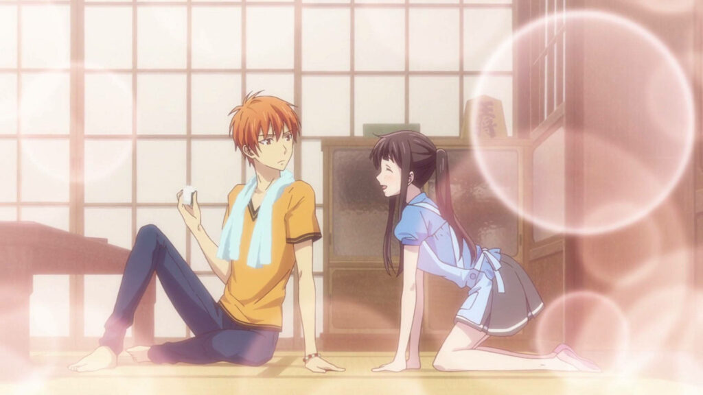 Blissful Tohru and Kyo Embrace Tradition in Radiant Fruits Basket Scene Wallpaper