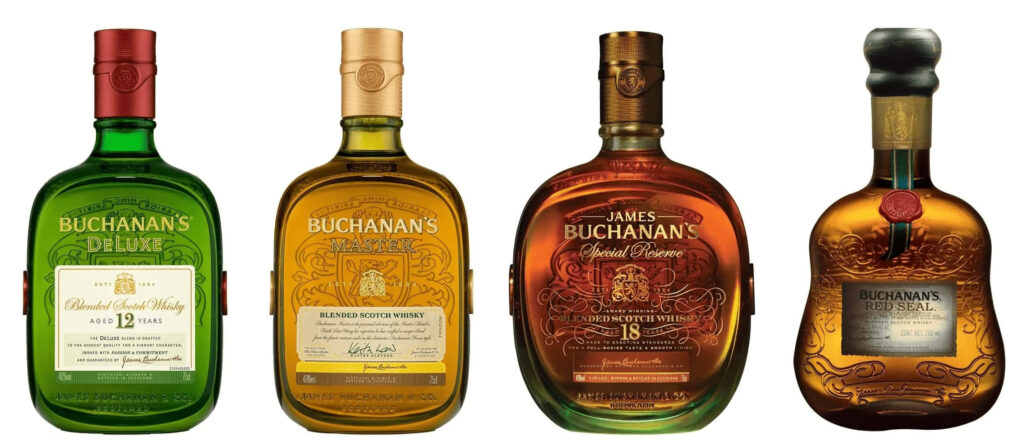 Buchanan's Blended Whiskey bottles lineup with De Luxe 12 Years Master Special Reserve and Red Seal labels Wallpaper