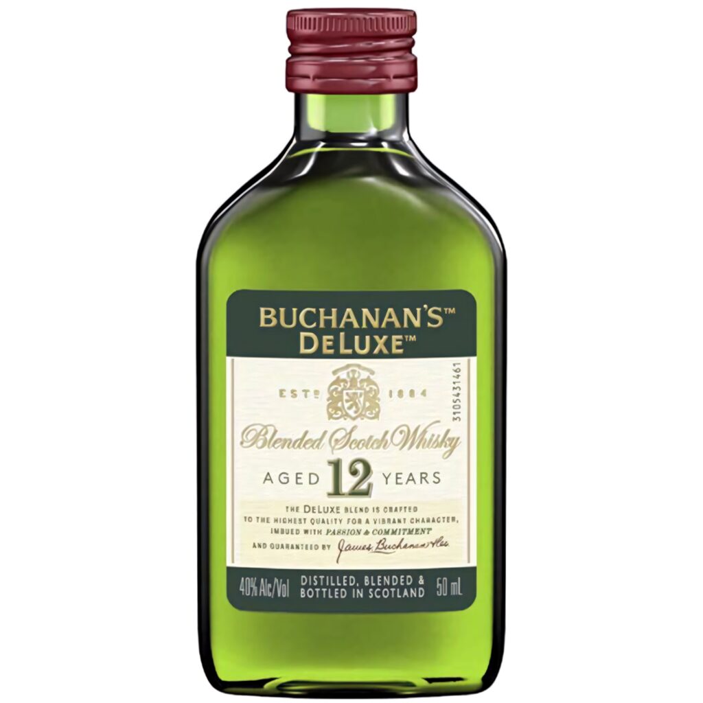 Buchanans Deluxe Whiskey mini bottle wallpaper featuring 12-year blended Scotch whisky design