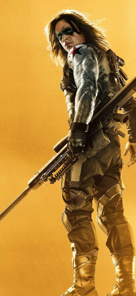 Bucky Barnes in armored suit with sniper rifle against bold golden background high-definition wallpaper