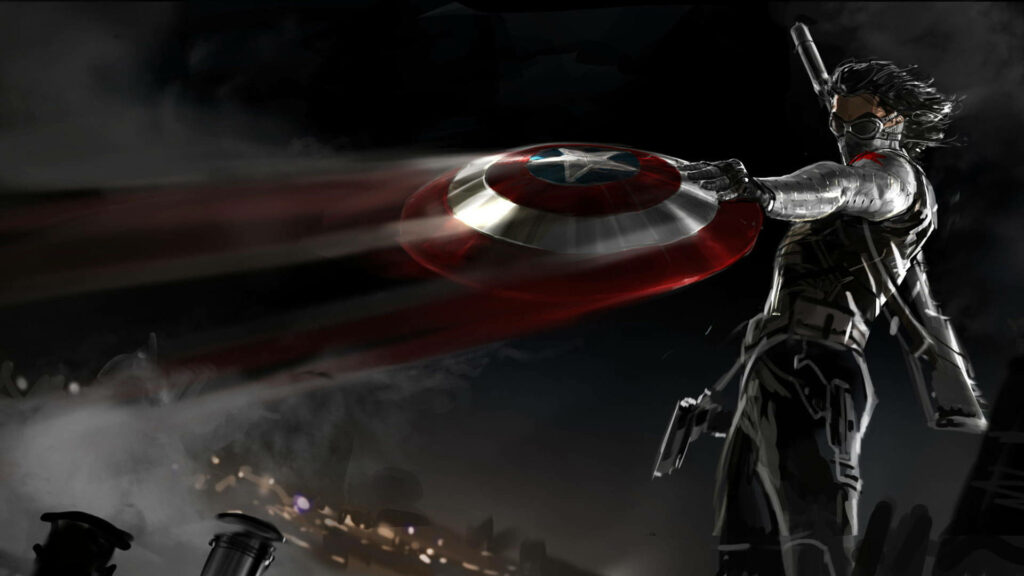 Bucky Barnes catching Captain Americas shield in dynamic pose with smoky dark background wallpaper
