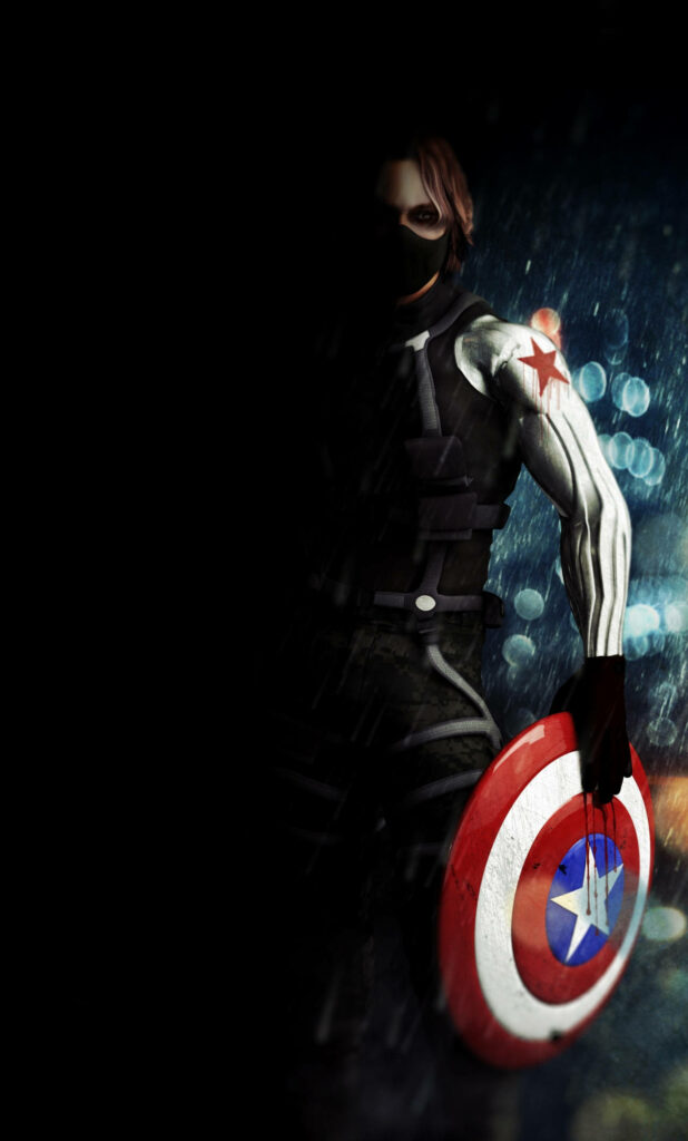 Bucky Barnes holding Captain America shield in rain with moody city lights digital art wallpaper