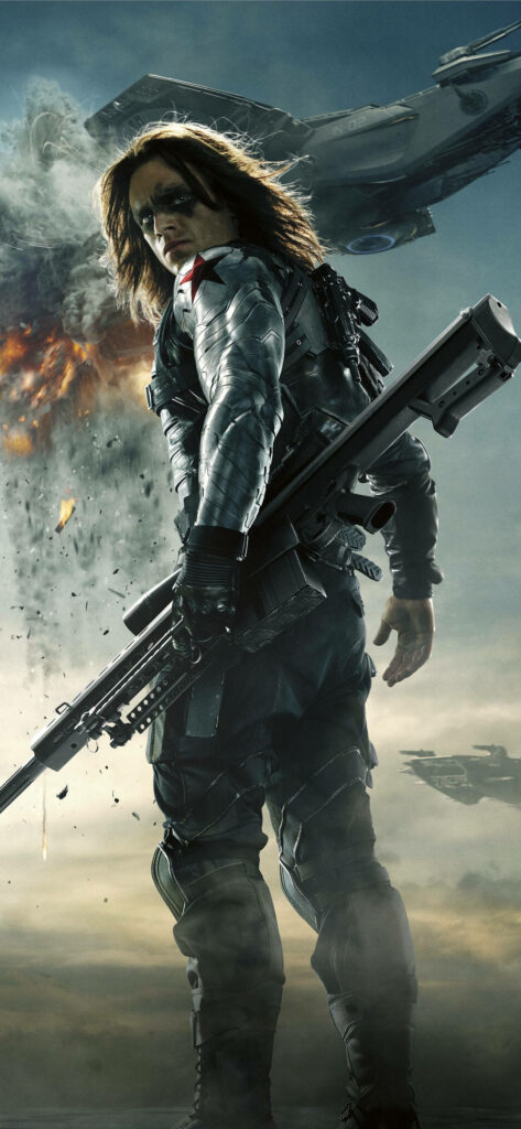 Bucky Barnes in tactical armor with metal arm and red star amid massive exploding ship background Wallpaper