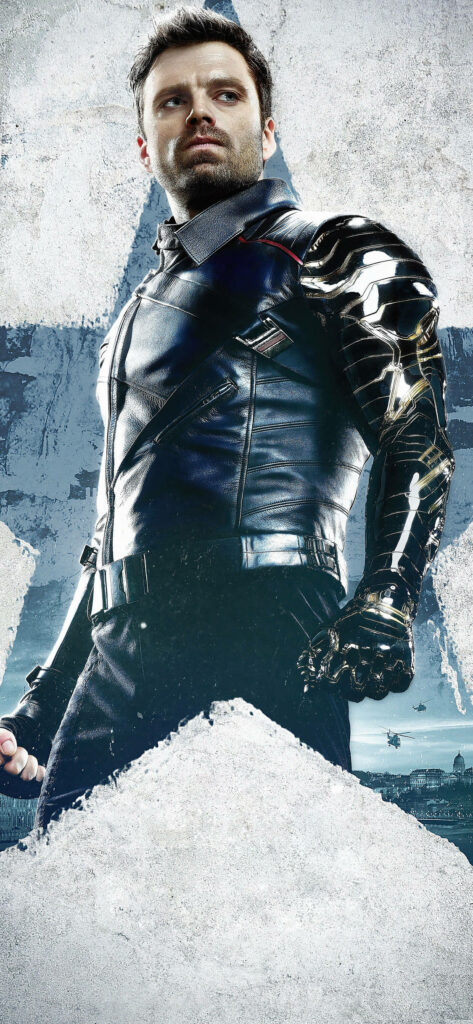 Bucky Barnes in black tactical suit with metal arm stands before weathered star wallpaper background