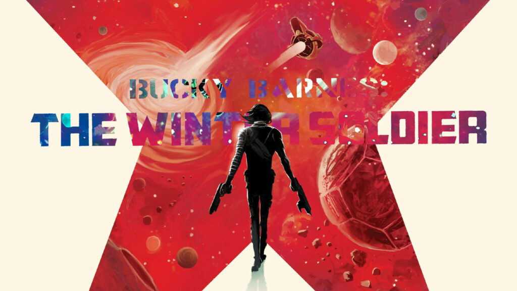 Bucky Barnes Winter Soldier silhouette on vivid cosmic red orange swirling space background wallpaper