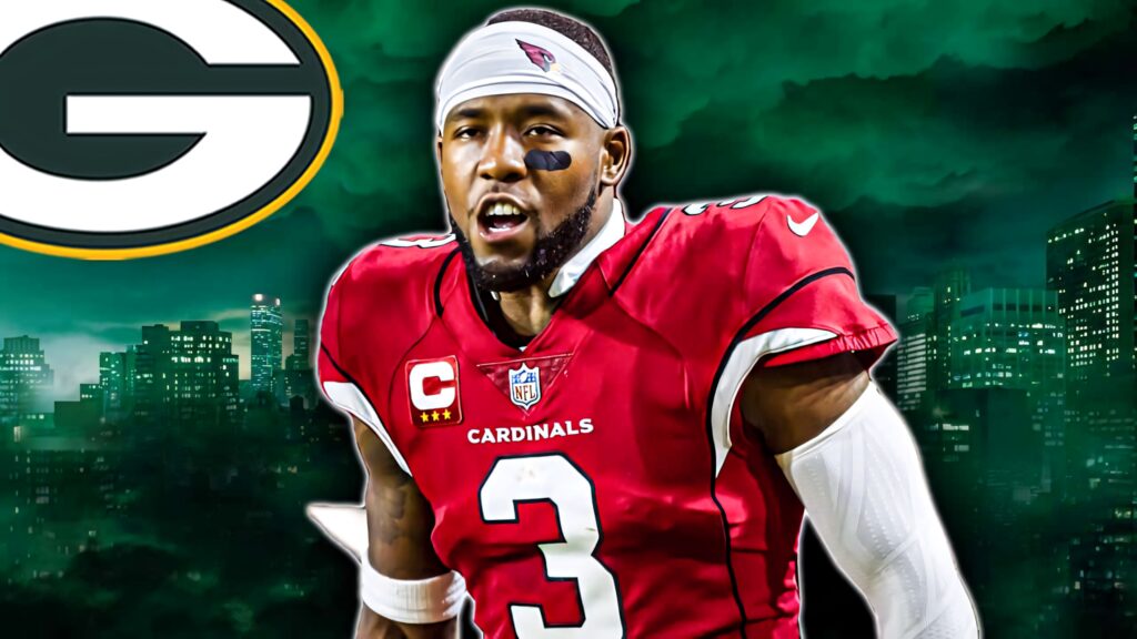 Budda Baker Cardinals player in red uniform with Green Bay Packers logo cityscape background Wallpaper