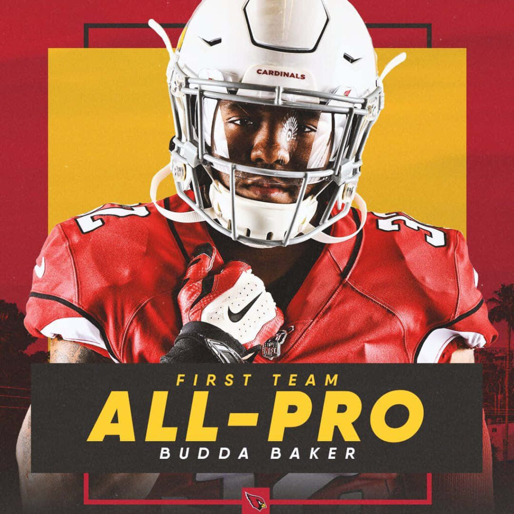 Budda Baker Arizona Cardinals First Team All Pro dynamic wallpaper with bold red and yellow background