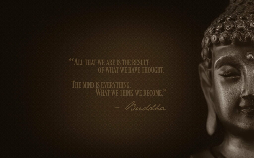 Serene sepia Buddha statue with dark background and inspirational mind quote HD wallpaper