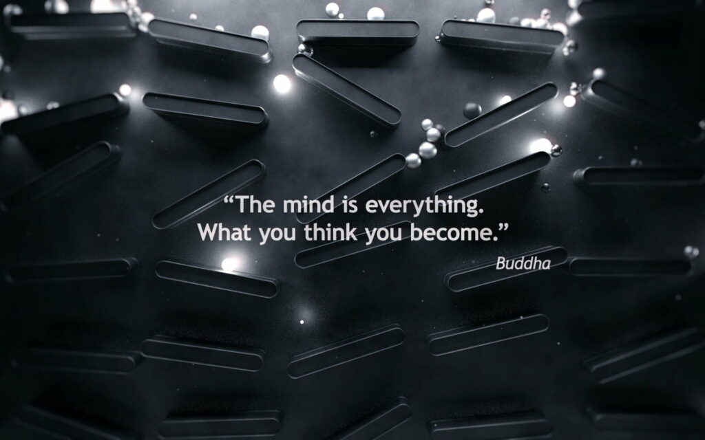 3D abstract matte black wallpaper with metallic spheres and glowing Buddha motivational quote background
