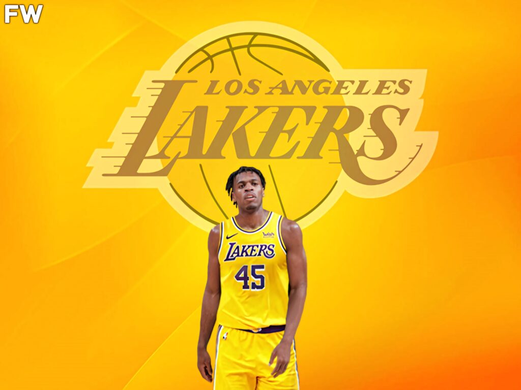 Buddy Hield in Los Angeles Lakers uniform with vibrant yellow gold Lakers logo background wallpaper