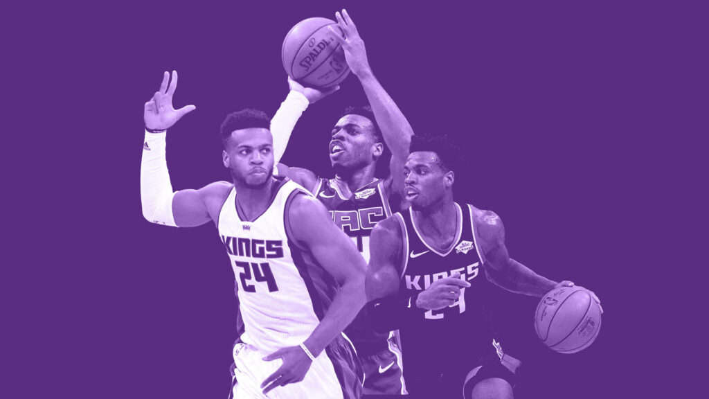 Buddy Hield Sacramento Kings wallpaper in dynamic purple monochrome basketball action poses