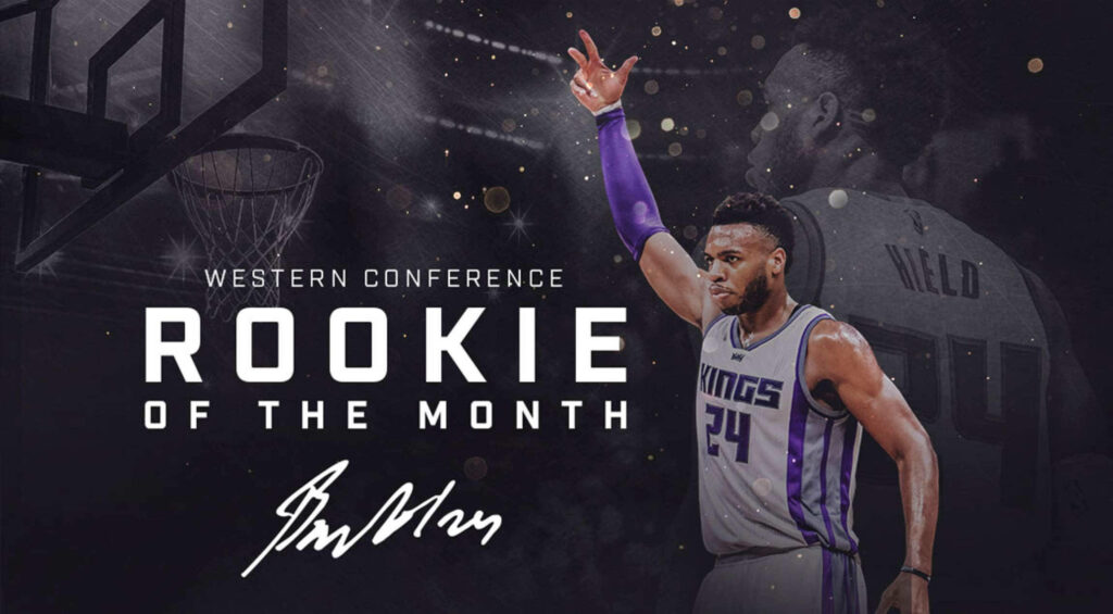 Buddy Hield Sacramento Kings Rookie of the Month digital wallpaper with dynamic grayscale background