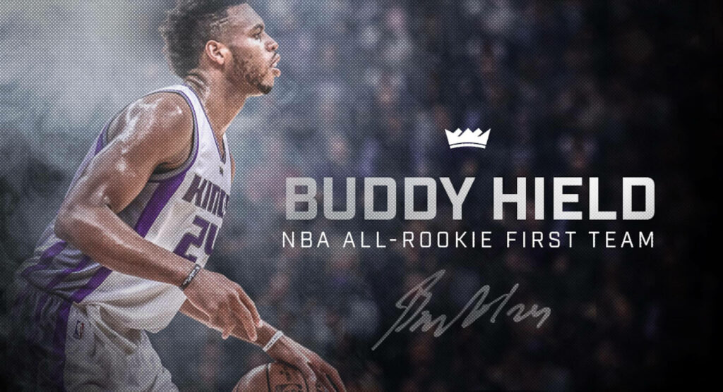 Buddy Hield Sacramento Kings wallpaper NBA All-Rookie First Team digital art purple gray background