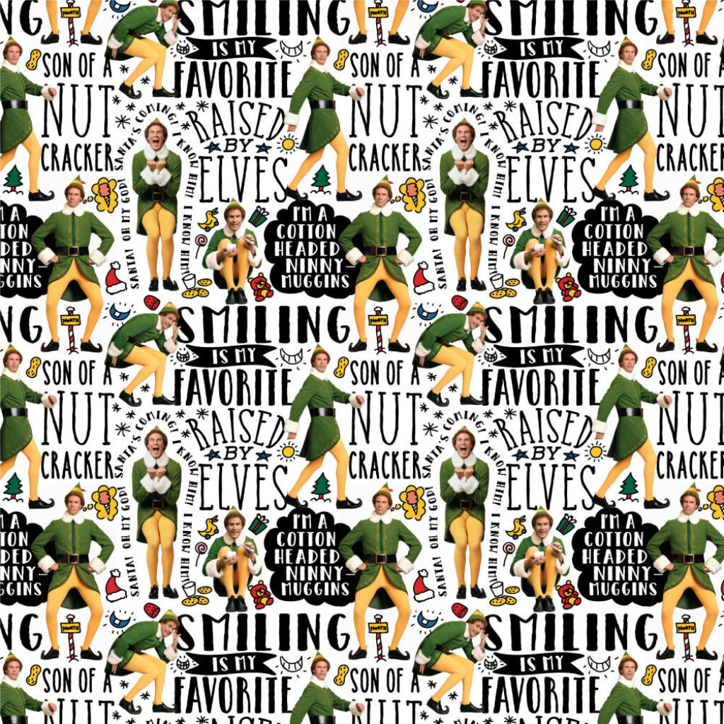 Buddy the Elf wallpaper with festive icons and joyful holiday quotes in bright whimsical colors