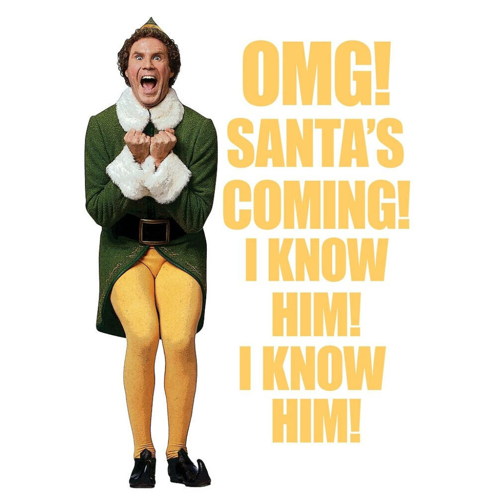 Will Ferrell as Buddy the Elf in green costume with joyful Santa quote on white background wallpaper