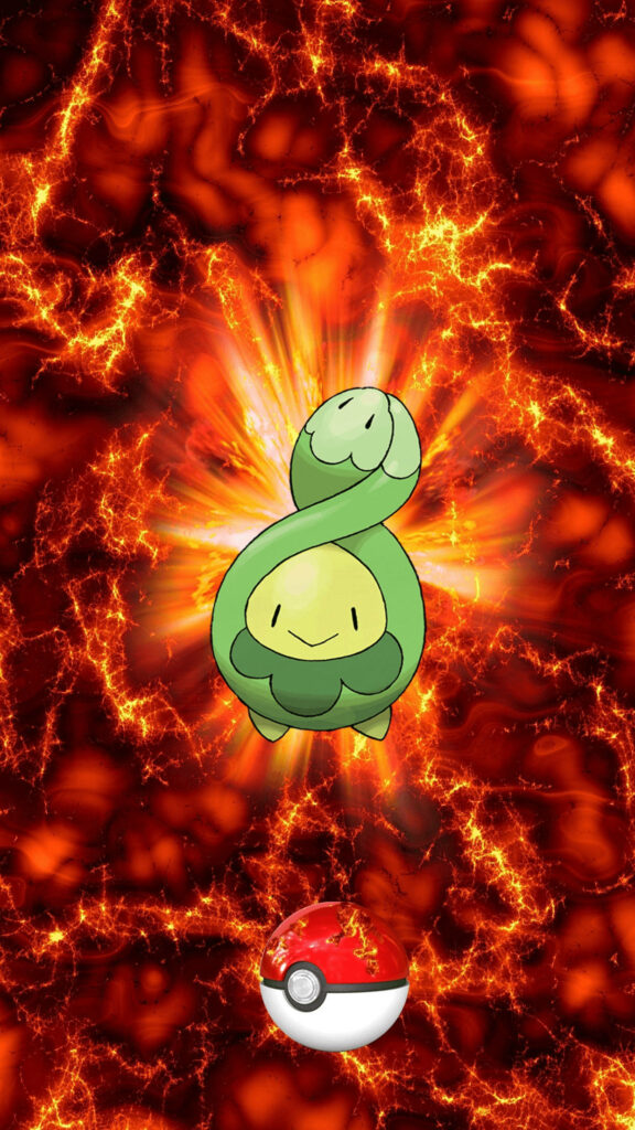 Budew glowing green against fiery lava background with swirling orange tones and Poké Ball below Wallpaper