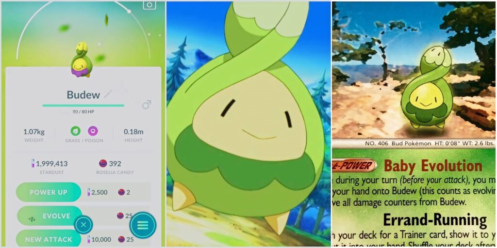 Vibrant Budew wallpaper collage showcasing Pokemon in game interface animated and trading card styles