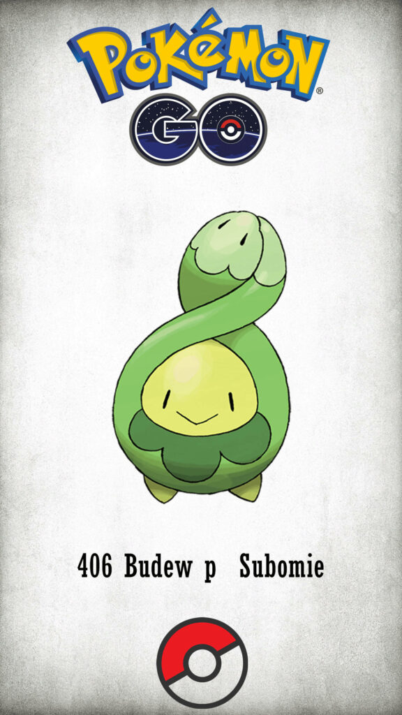 Budew Pokémon on white background with Pokémon Go logo Pokédex number and Poké Ball design Wallpaper