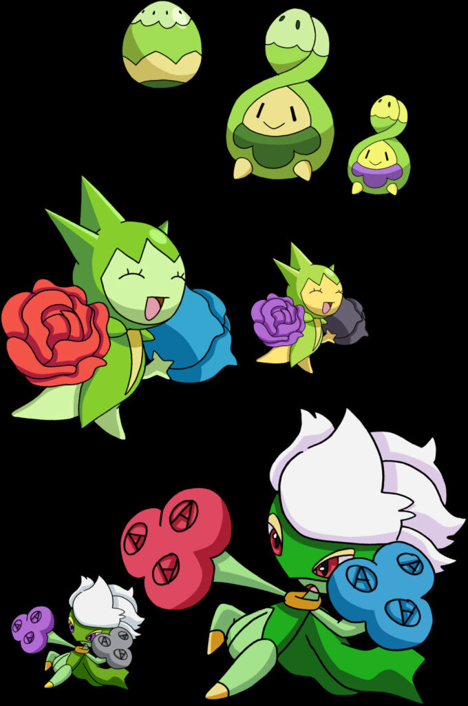 Pokémon Budew Roselia Roserade evolutionary line vibrant floral anime wallpaper on black background