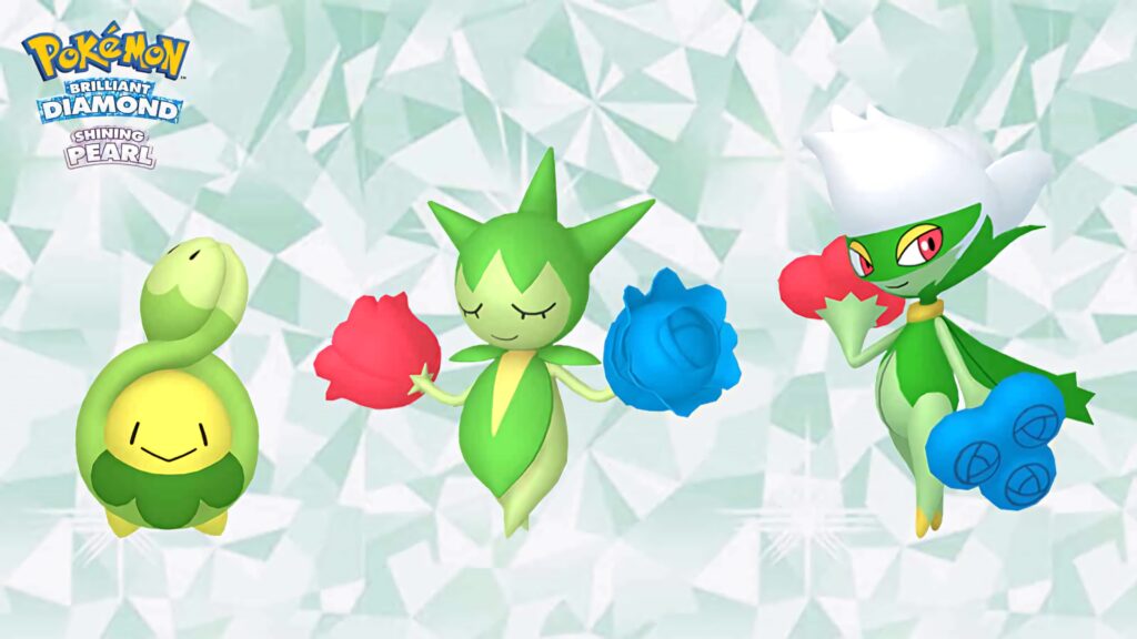 Budew Roselia and Roserade evolution line on vibrant crystal background Grass Poison types Wallpaper
