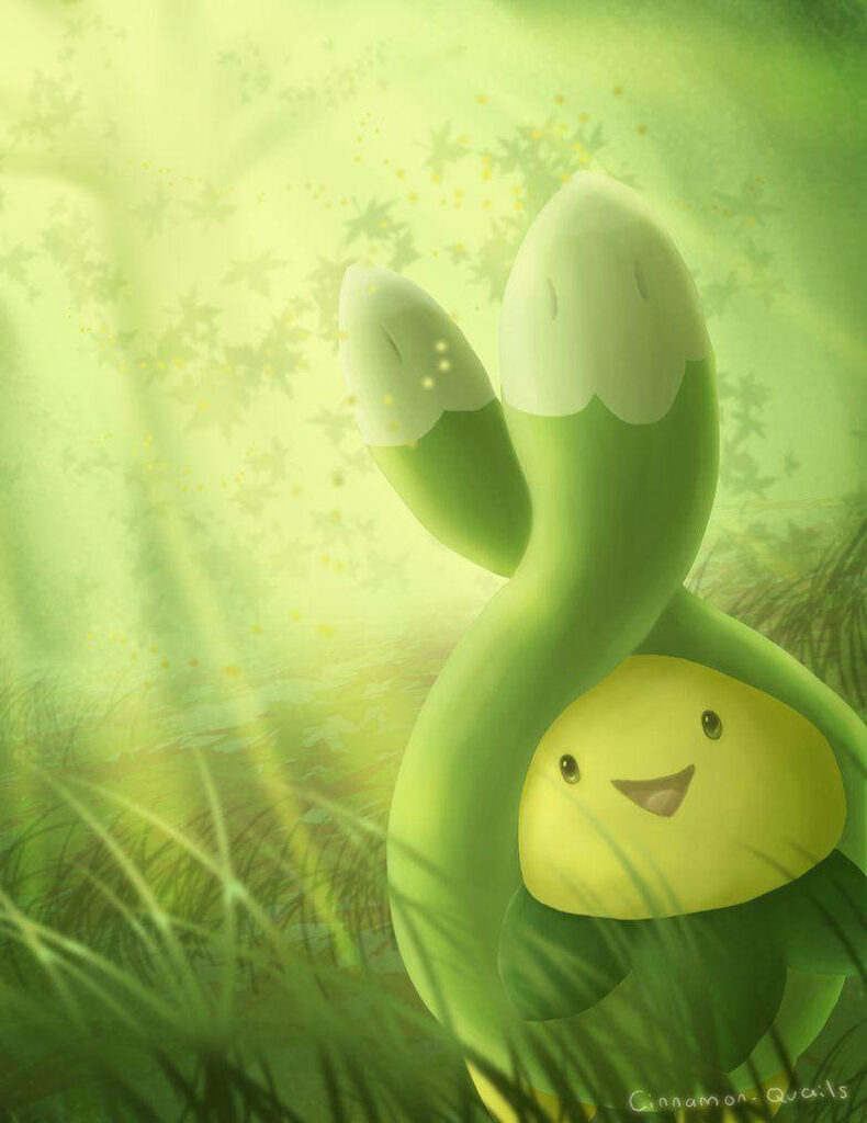 Budew in anime style on lush green grass with soft sunlight creating peaceful nature scene Wallpaper