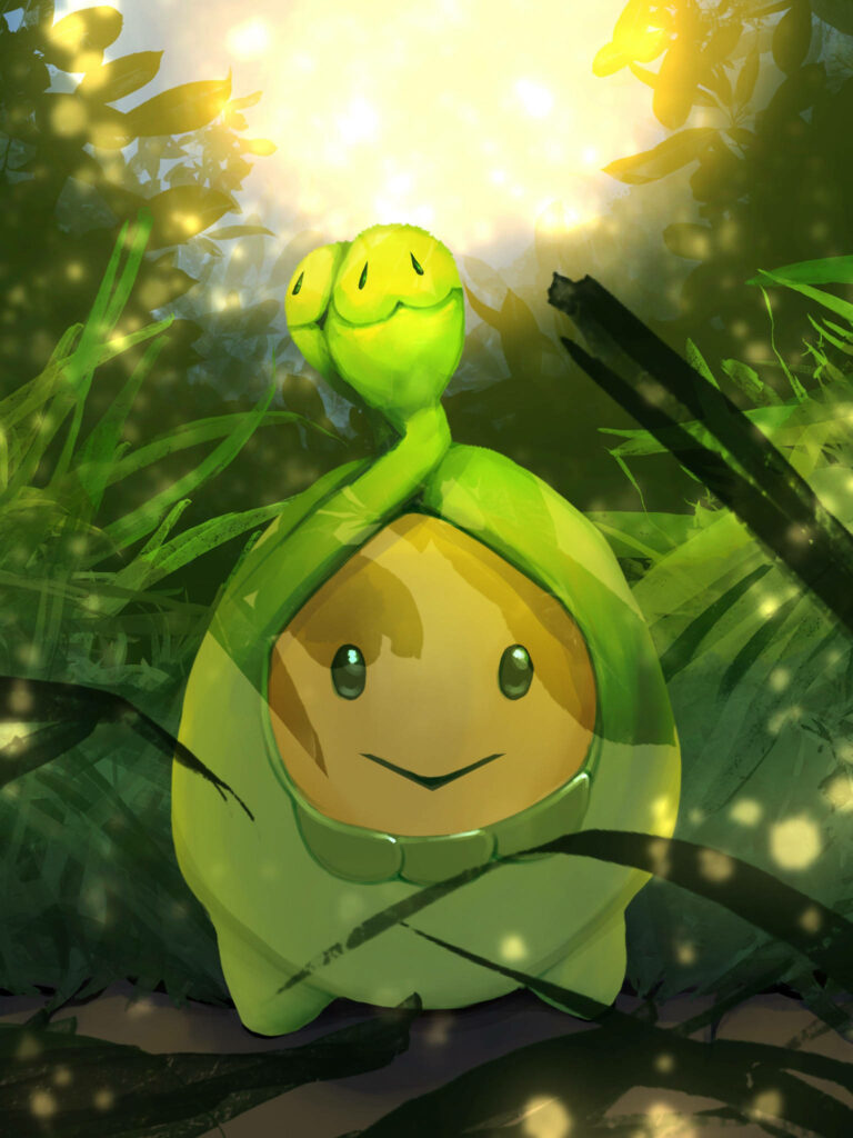 Budew in lush green grass glowing in warm golden sunlight digital art vibrant nature wallpaper