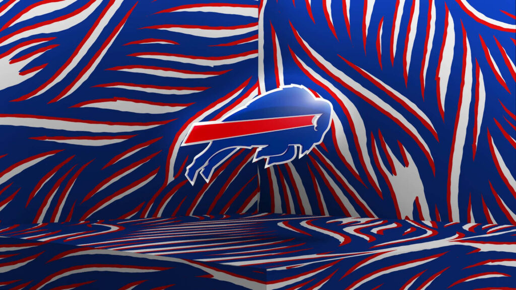 Buffalo Bills logo centered on vibrant blue red and white zebra stripes celebrating 25 years Wallpaper